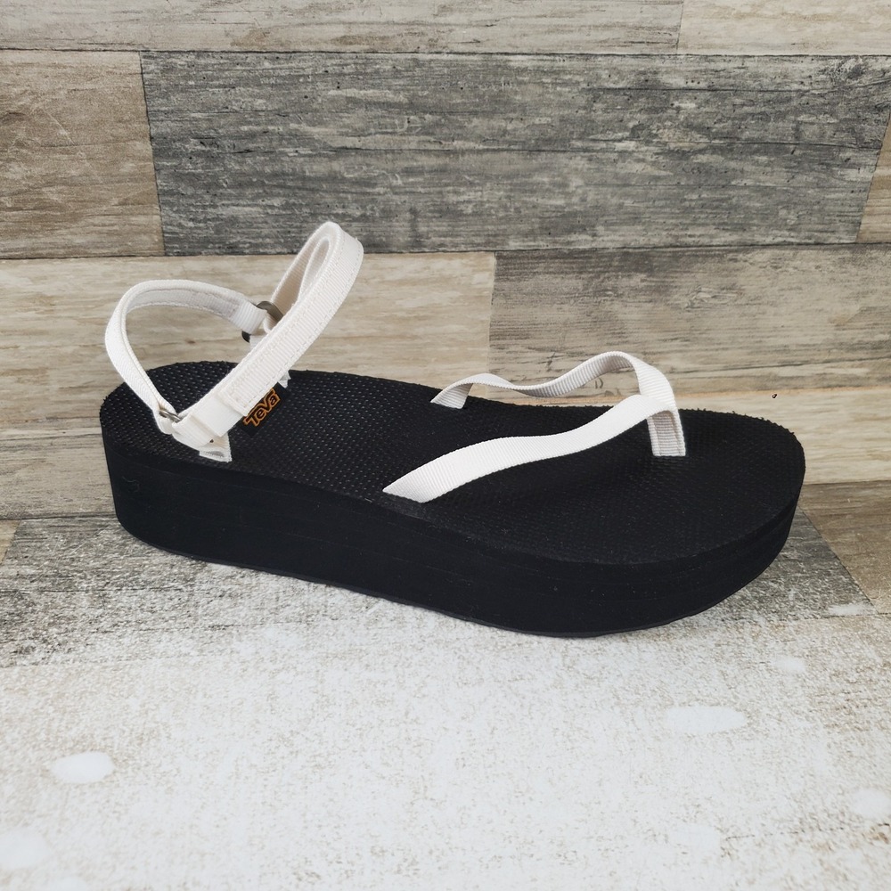 Teva Flatform Slim Womens Sandals Sz 10 Black Slender White Thong Straps Comfort